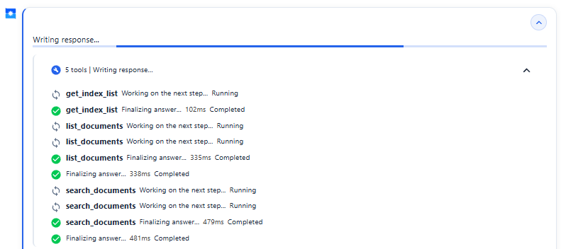 HallianAI working through your knowledge bases step by step to answer a question