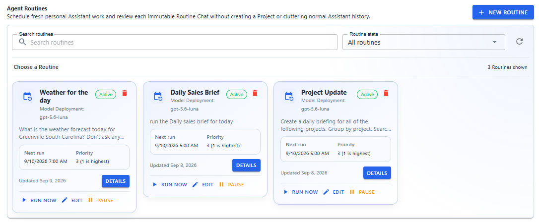 Agent routines in HallianAI, with scheduled runs for recurring agent work