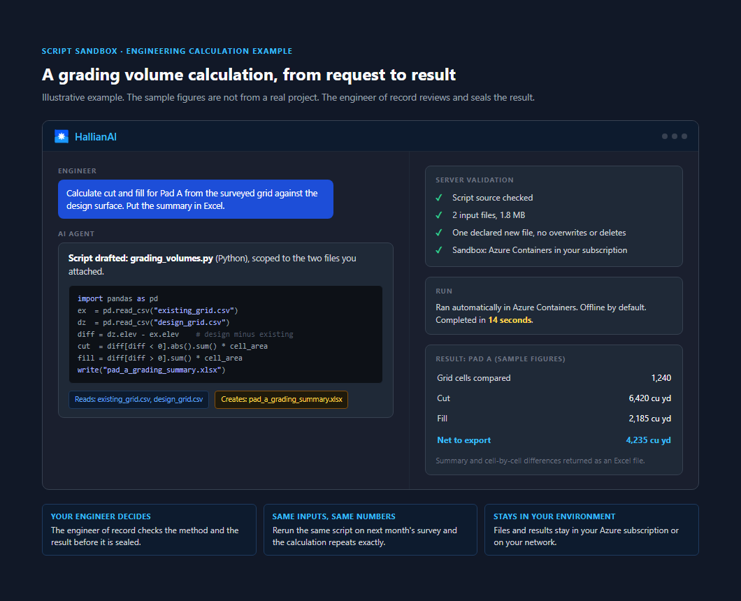 An engineering calculation in HallianAI: a grading volume request, the drafted script, server validation, and the sealed result