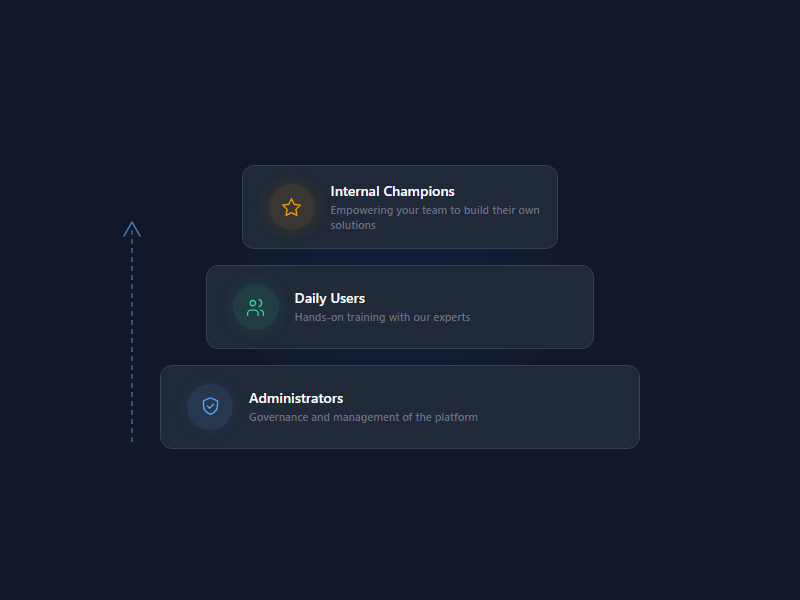 Training tiers: administrators, daily users, and internal champions
